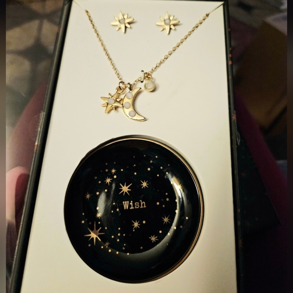 Boho Love Celestial Gold Necklace and Earring Set with Trinket Dish NIB (Firm)